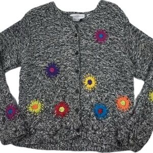Vintage Marisa Christina Flower Sweater Womens LARGE Hand Knitted Button Up Gray